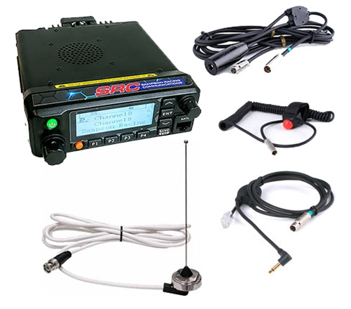 SRC 20-watt in-car racing radio system laid out: mobile radio, wiring harness, push-to-talk and roof-mount antenna