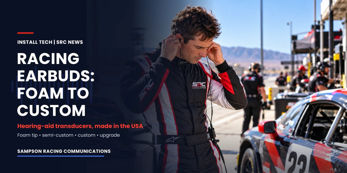 Driver in an SRC fire suit putting in racing earbuds in the pits: racing earbuds, foam tip to custom