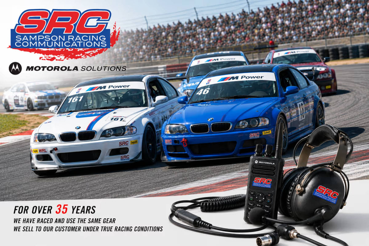 Race car on track with SRC racing radio and helmet kit communication